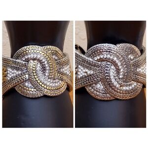 Pair of‎ Wide Cuff Bracelets Gold & Silver Tone w/ Rhinestones Woven Snaky Look